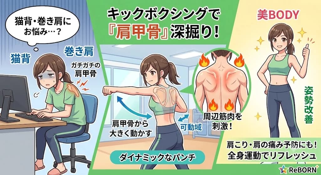 ジム内でキックボクシングのパンチ動作を行い、肩甲骨まわりを大きく動かすトレーニングの様子